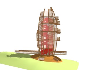 现代实木塔楼草图大师模型，塔楼sketchup模型免费下载