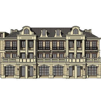 法式连排别墅su模型分享下载，sketchup别墅外观草图大师模型