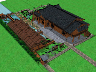 中式民宿建筑草图大师模型，建筑skp模型下载