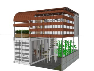 现代集装箱改造房su模型，集装箱住宅草图大师模型下载