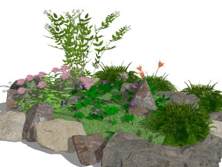 假山石景观sketchup模型，花卉景观植物skp文件下载