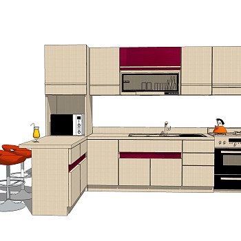 现代橱柜草图大师模型，L形橱柜sketchup模型下载