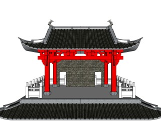 中式古建戏台免费su模型下载、古建戏台草图大师模型下载