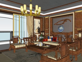 新中式客餐厅免费su模型，客厅sketchup模型下载