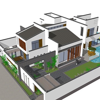 新中式别墅外观草图大师模型，别墅外观sketchup模型免费下载