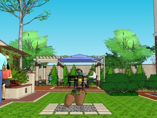别墅庭院设计su模型下载，庭院sketchup模型