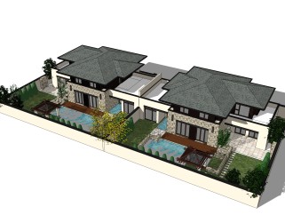 中式联排别墅su模型，别墅sketchup模型下载