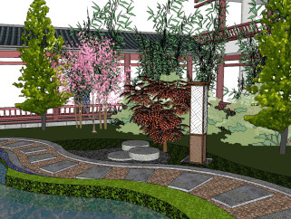 现代中式庭院景观草图大师模型，庭院景观sketchup模型skp文件分享