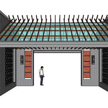 中式园林大门sketchup模型下载，园林大门草图大师模型