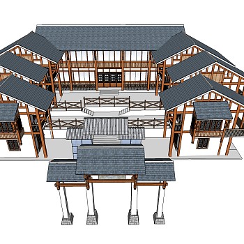 中式古建民房免费su模型下载、古建民宿草图大师模型下载