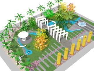 新中式庭院花园草图大师模型，庭院花园sketchup模型下载