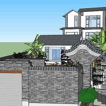 中式独栋别墅草图大师模型，sketchup别墅su模型下载