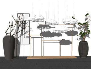 新中式云朵吊灯盆栽摆件草图大师模型，吊灯SU模型下载