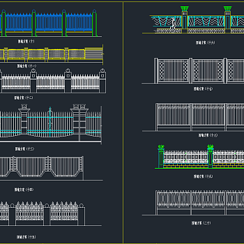 原创铁艺大门围墙护栏立柱花型CAD图库，大门围墙护栏CAD图纸下载