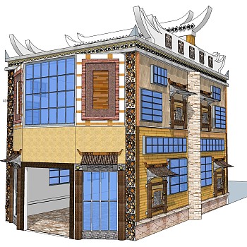 新中式羌族建筑草图大师模型，古建民俗sketchup模型免费下载