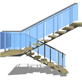 现代双跑平行楼梯草图大师模型，双跑平行楼梯sketchup模型免费下载