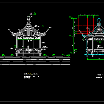 中式六角亭及连亭曲桥cad施工图，观景桥cad图纸下载