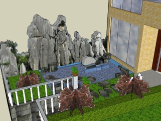 中式庭院景观su模型下载、中式别墅庭院草图大师模型下载