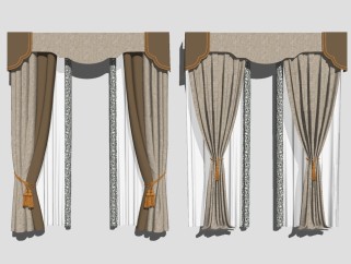 新中式布艺窗帘组合草图大师模型，布艺窗帘组合sketchup模型下载