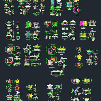 古代园林建筑亭子CAD图库，亭子整套大样图纸下载