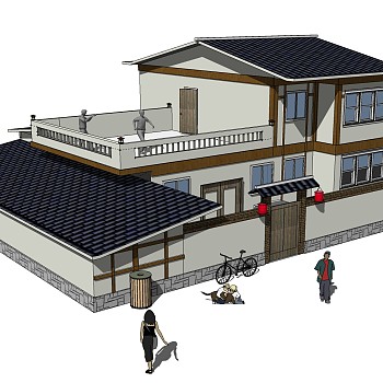 中式农家院落建筑草图大师模型，古建民俗sketchup模型免费下载