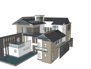 中式别墅草图大师模型，别墅sketchup模型