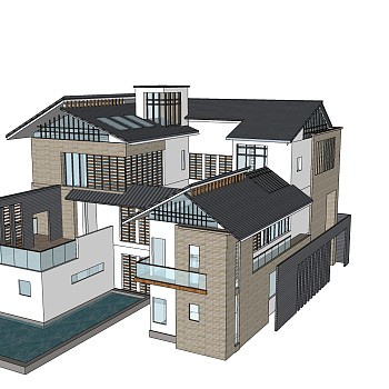 中式别墅草图大师模型，别墅sketchup模型