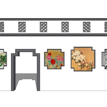 中式文化景观墙草图大师模型，文化景观墙sketchup模型免费下载