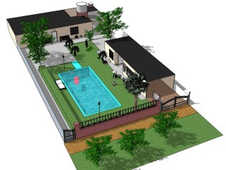 现代欧式泳池别墅草图大师模型，别墅SU模型下载