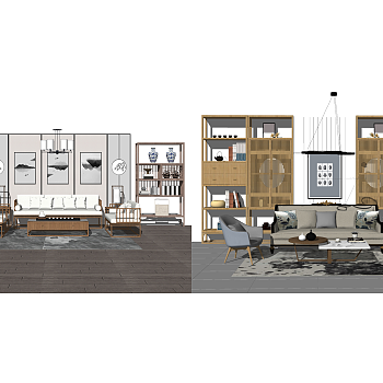 新中式实木沙发组合su模型，沙发组合sketchup模型下载