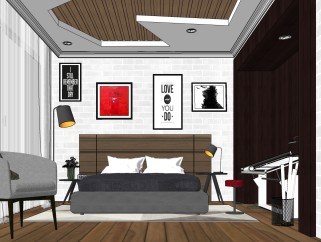 现代北欧卧室草图大师模型，卧室SU模型下载