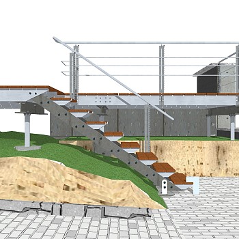 现代钢结构单跑楼梯草图大师模型，钢结构单跑楼梯sketchup模型免费下载