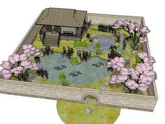 日式小花园SU模型下载，花园skp文件