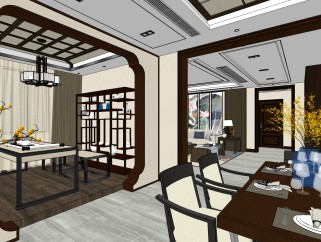 新中式住宅su模型，住宅客厅卧室餐厅草图大师模型下载