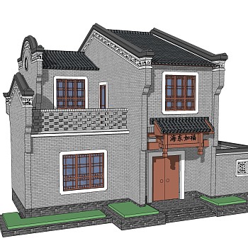 新中式徽派建筑草图大师模型，古建民俗sketchup模型免费下载