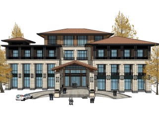新中式售楼处建筑方案草图大师模型，售楼部建筑沙盘sketchup模型免费下载