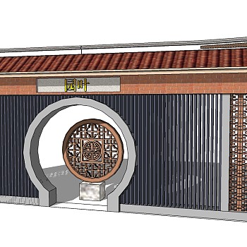 中式景观墙sketchup模型下载，景观墙草图大师模型