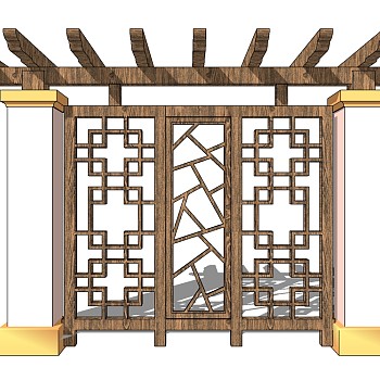 中式景观墙skp文件下载，景观墙SU模型