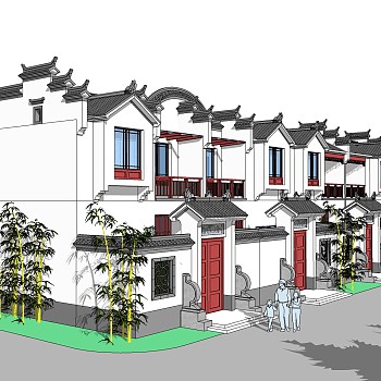 新中式徽派建筑草图大师模型，古建民俗sketchup模型免费下载