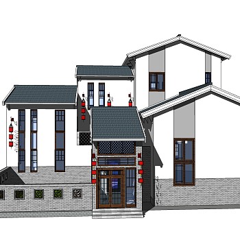 中式别墅外观草图大师模型，别墅外观sketchup模型免费下载