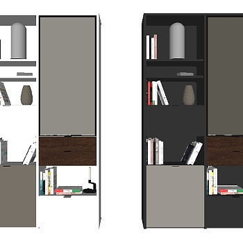 现代简约书柜su模型，书柜草图大师模型下载