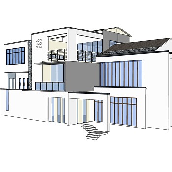 新中式独栋别墅草图大师模型，sketchup别墅su模型下载