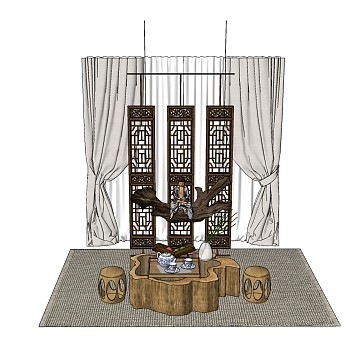 中式茶桌su模型，茶桌草图大师模型下载