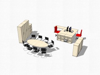 现代会议桌办工桌文件柜组合su模型，办工桌skp模型下载