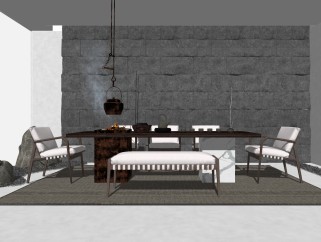 新中式实木茶桌椅组合su模型，简约茶桌sketchup模型下载