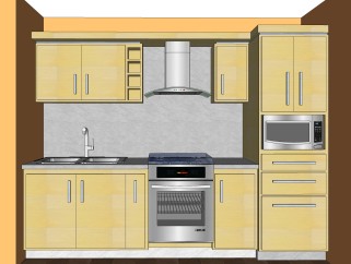 现代一字形橱柜su免费模型，厨房柜草图大师模型下载