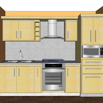 现代一字形橱柜su免费模型，厨房柜草图大师模型下载