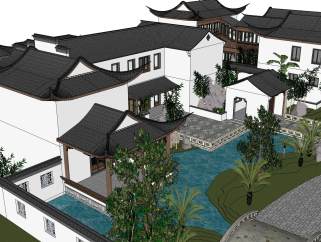中式联排别墅su模型，别墅草图大师模型下载