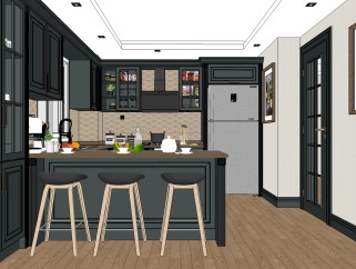 美式开放式厨房草图大师模型，厨房SU模型下载