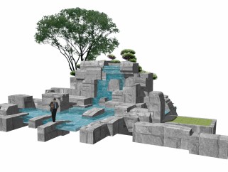 现代假山置石叠水草图大师模型，假山置石叠水sketchup模型下载